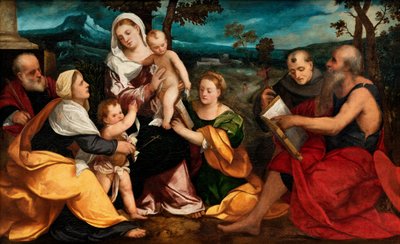 Pyhä perhe pyhimysten ympäröimänä, noin 1530 (öljy paneelille). tekijältä Bonifazio Veronese