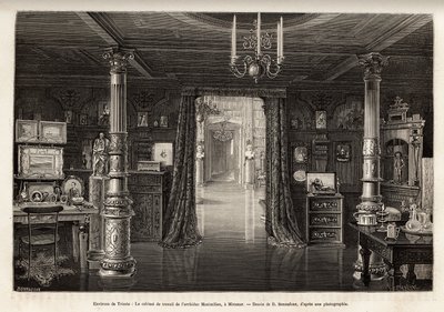 Itävallan arkkiherttua Maximilianin (1832-1867) työkaappi Miramarin linnaan, jonka hän oli rakentanut Triesten läheisyyteen, vuodesta 1857, jolloin hänet julistettiin Lombardian ja Veneton valtakunnan varakuninkaaksi, kaiverrettu B.Bonnafoux kuvitus tekijältä Bonnafoux Bonnafoux