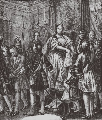 Anna Ioannovna repimässä ehtoihin, 1730 tekijältä Boris Artemyevich Chorikov