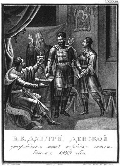 Dmitri Donskoy hyväksyy uuden perintöjärjestyksen, 1389 Kuvitetusta Karamzinista, 1836 tekijältä Boris Artemyevich Chorikov