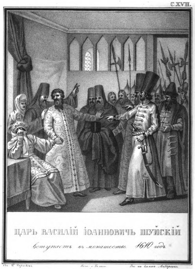 Tsaari Vasili Ivanovitš Shuiskin luostarivihitys, 1610 Kuvitetusta Karamzinista, 1836 tekijältä Boris Artemyevich Chorikov