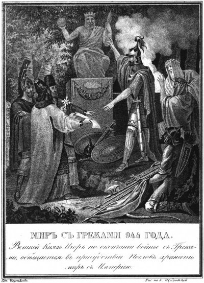 Prinssi Igor tekee rauhan Bysantin kanssa. 944 Kuvitetusta Karamzinista, 1836 tekijältä Boris Artemyevich Chorikov