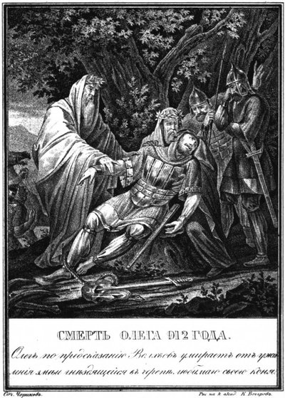 Suurherttua Olegin kuolema. 912 Kuvitetusta Karamzinista, 1836 tekijältä Boris Artemyevich Chorikov