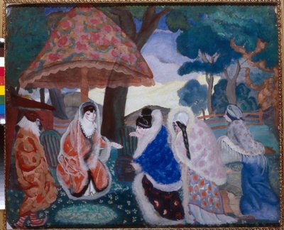 Tervehdys nuorille (Greeting the Newlyweds) - Boris Dmitrievich Grigorjevin (1886-1939) maalaus tekijältä Boris Dmitrievich Grigoriev