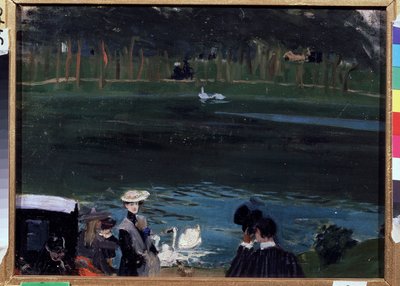 Bois de Boulogne. Järvi joutsenia ja kävelijöitä. Boris Michaylovich Kustodiev (Kustodiev) (1878-1927) maalaus öljy kankaalle tekijältä Boris Mikhailovich Kustodiev