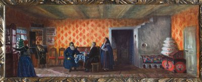 Mihail Saltykov-Shchedrin (Saltykov Shchedrin, Saltykov-Chtchedrine, Saltykov Chtchedrine) (1826-1889) (1826-1889) (M. Saltykov Schtschedrinechin teatterinäytelmän Passukhinin kuolema) sisustuksen valmistelu. ). tekijältä Boris Mikhailovich Kustodiev