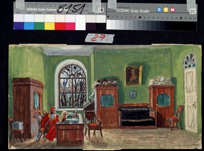 Decor preparatoire pour la piece de teatr La mort de Pasukhin de Mikhail Saltykov-Shchedrin (Saltykov Shchedrin, Saltykov-Chtchedrine, Saltykov Chtchedrine) (1826-1889) (Lavastus M. Saltykow Schtschedrinin teatterinäytelmään Pasukhinin kuolema). Oeu tekijältä Boris Mikhailovich Kustodiev