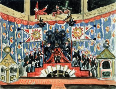 Decor preparoire pour la piece la puce de Evgueni (Ievgueni, Eugene, Evgeni) Zamiatine (1884-1937) (E. Zamyatinin näytelmän The Flea lavasuunnittelu). Boris Michaylovich Kustodiev (Koustodiev) (1878-1927) teos, tempera sur bois tekijältä Boris Mikhailovich Kustodiev