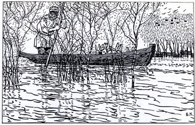 Kuvitus N. Nekrasovin runoon Isoisä Mazay ja jänikset, 1910 tekijältä Boris Mikhailovich Kustodiev