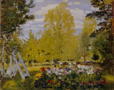 Maisema kukkapenkin kanssa tekijältä Boris Mikhailovich Kustodiev