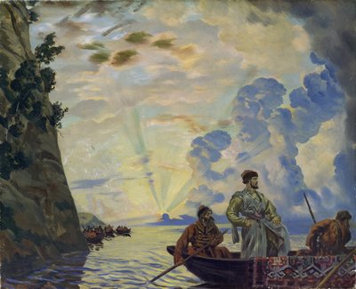 Kasakkojen johtaja Stepan (Stenka) Timofejevitš Razin (1630-1671) veneessä. Hän johti kapinaa aatelia ja tsaarin byrokratiaa vastaan ​​Etelä-Venäjällä (Stepan Razin). Boris Michaylovich Kustodiev (Kustodiev) maalaus (1878-192) tekijältä Boris Mikhailovich Kustodiev