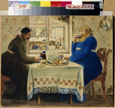 Valmentajat. Kaksi miestä pöydässä syö kakkuja ja sämpylöitä juoessaan teetä. Ikkunan läpi joukkueet ja kelkat ovat rivissä pihalla. Boris Michaylovich Kustodiev (Kustodiev) (1878-1927) teos, vesiväri tekijältä Boris Mikhailovich Kustodiev