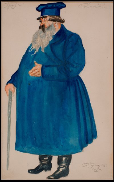 Kauppias Dikoy. Pukusuunnittelu A. Ostrovskin näytelmään Myrsky, 1920. tekijältä Boris Mikhailovich Kustodiev
