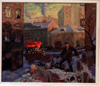 lokakuuta 1917 Pietarissa (lokakuussa 1917 Petrogradissa). Toimintakohtaus aseellisten vallankumouksellisten ryhmän välillä, joista yksi on juuri tappanut Venäjän armeijan upseerin, lumisen kaupungin kaduilla, jossa näemme aseistettujen sotilaiden kuorma-a tekijältä Boris Mikhailovich Kustodiev