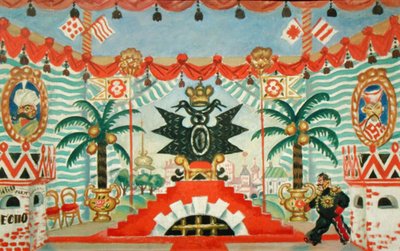 Palace, luonnos E. Zamyatinsin näytelmään, Kirppu, 1925-26 tekijältä Boris Mikhailovich Kustodiev