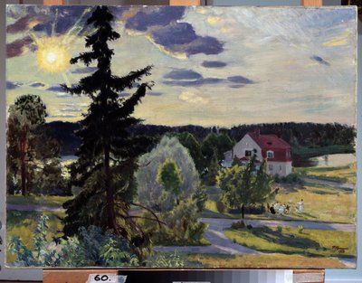 Iltamaisema. Ryhmä lapsia leikkii pallolla talon edessä olevalla nurmikolla. Boris Michaylovich Kustodiev (Kustodiev) (1878-1927) maalaus öljy kankaalle tekijältä Boris Mikhailovich Kustodiev
