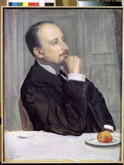 Taiteilija Evgeny Evgenyevich Lanceray (Eugene Lancere) (1875-1946) muotokuva (taiteilija E. Lancerayn muotokuva). Boris Michaylovich Kustodiev (Koustodiev) (1878-1927) työ, tempera pahville tekijältä Boris Mikhailovich Kustodiev