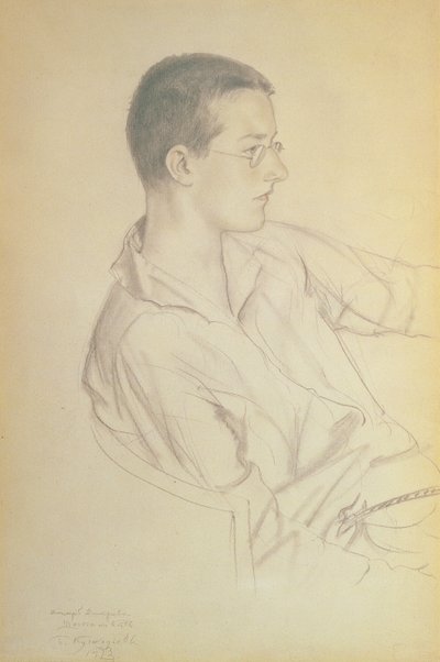 Muotokuva Dmitri Dmitrievich Shostakovichista (1906-75), 1923 (kynä paperille) tekijältä Boris Mikhailovich Kustodiev