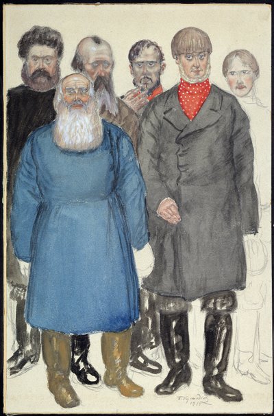 Pukusuunnittelu Alexandre Ostrovskin (1823-1886) teatterinäytelmään Sudet ja lampaat (A. Ostrovskin teatterinäytelmän Sudet ja lampaat pukusuunnittelu). Boris Michaylovich Kustodiev (Koustodiev) (1878-1927) työ, akvarelli paperille tekijältä Boris Mikhailovich Kustodiev