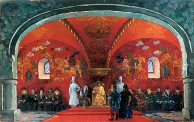 Venäjän tsaarin Boris Fjodorovitš Godunovin (1551-1605) esitys, Aleksanteri Sergejevitš Puškinin teatteriteoksen "Boris Godunov" sisustus (öljy kankaalle) tekijältä Boris Mikhailovich Kustodiev