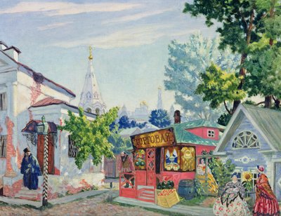 Lavastus Ostrovskin näytelmään "Helppo raha", 1917 (guassi ja tempera pahville) tekijältä Boris Mikhailovich Kustodiev