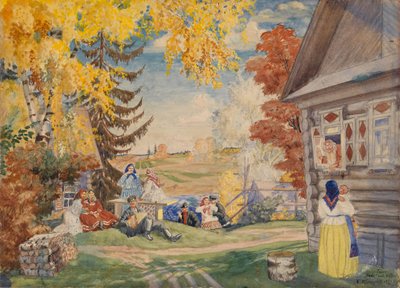 Lavastus Aleksanteri Neverovin teatterinäytelmään Talonpoikanaiset, 1920 tekijältä Boris Mikhailovich Kustodiev