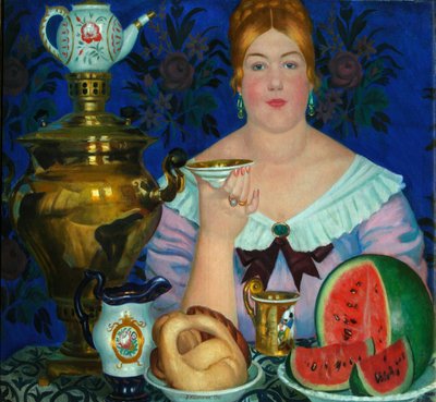 Kauppiaiden vaimo juo teetä, 1923 tekijältä Boris Mikhailovich Kustodiev