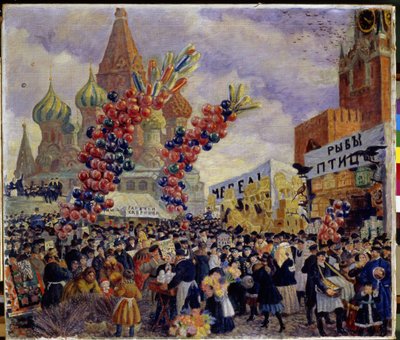 Messut Kremlin punaisella torilla Moskovassa (näyttelykopit). Yleisö kiertelee markkinoiden eri kaupallisten alustojen välillä, jotka on koristeltu jättimäisillä ilmapalloklustereilla. Voimme nähdä Pyhän Vasilin katedraalin Moskovassa (Saint Basil tekijältä Boris Mikhailovich Kustodiev