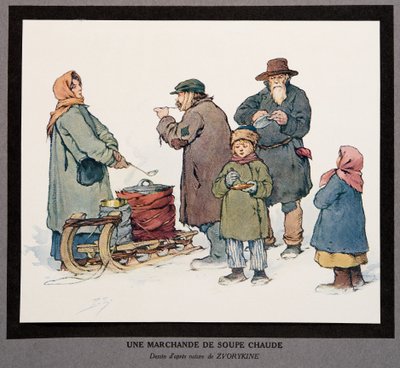 Kuuman keiton myyjä, Histoire des Soviets, pub. 1922 (väri litho) tekijältä Boris Vasilievich Zvorykin