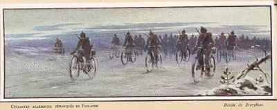 Saksalaiset pyöräilijät saapuvat Suomeen; Histoire des Soviets, pub. 1922 (väri litho) tekijältä Boris Vasilievich Zvorykin