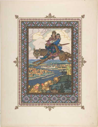 Kuvitus satuun Ivan Tsarevitšista, tulilintu ja harmaa susi, c. 1925 tekijältä Boris Vasilievich Zvorykin