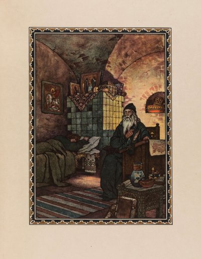 Pimen. Kuvitus A. Pushkinin Boris Godunov-draamaan, 1927. tekijältä Boris Vasilievich Zvorykin