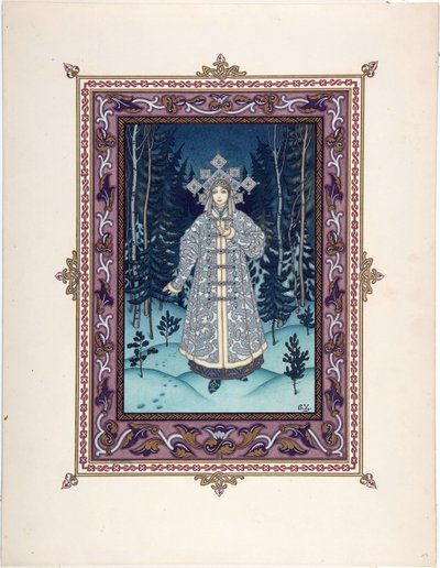 Snegourotchka (ou Snegourka, la Fille de neige) - Kuvitus satuun Snegurochka par Zvorykin, Boris Vasilievich (1872-1935 jälkeen), n. 1925 - Värilitografia, 27,3x20,5 - Yksityiskokoelma tekijältä Boris Vasilievich Zvorykin