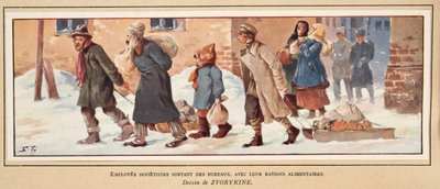 Neuvostotyöläiset lähtevät toimistosta ruoka-annoksineen, Histoire des Soviets -pubista. 1922 (väri litho) tekijältä Boris Vasilievich Zvorykin