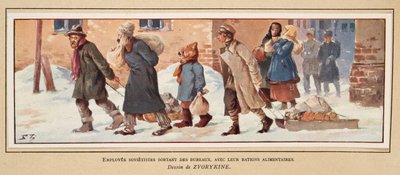 Neuvostotyöläiset lähtevät toimistosta ruoka-annoksineen, Histoire des Soviets -pubista. 1922 (väri litho) tekijältä Boris Vasilievich Zvorykin