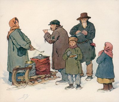 Nainen myy kuumaa keittoa kadulla Neuvosto-Venäjällä (värilitho) tekijältä Boris Vasilievich Zvorykin
