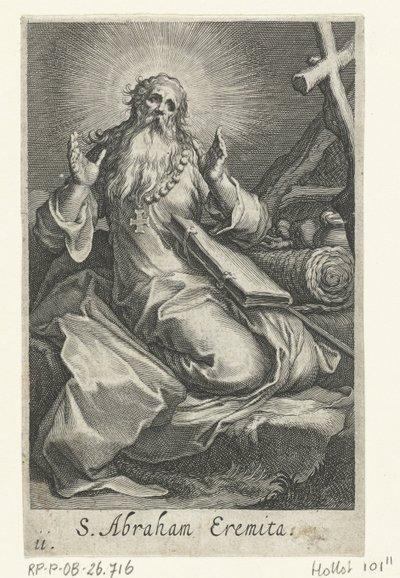 Pyhä Abraham Edessalainen erakkona S. Abraham Eremita (otsikko esineessä) Erakot (sarjan nimi) Sacra eremvs ascetarvm (sarjan nimi) tekijältä Boëtius Adamsz. Bolswert