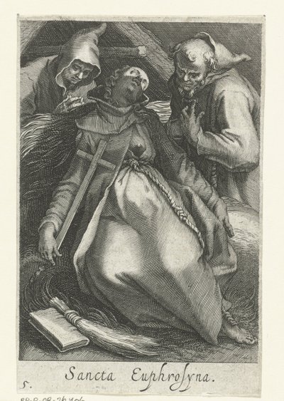 Pyhä Euphrosina Aleksandrialainen Eremiittinä Sancta Euphrosyna (otsikko esineessä) Eremittaria (sarjan nimi) Sacra Eremus Ascetriarum (sarjan nimi) tekijältä Boëtius Adamsz. Bolswert