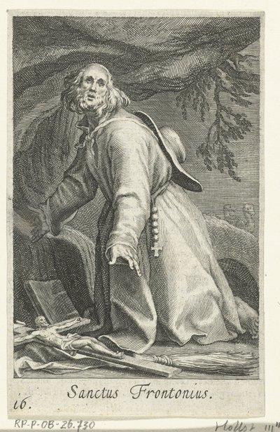 Egyptin pyhä Frontonius erakkona Sanctus Frontonius (otsikko esineessä) Erakot (sarjan nimi) Sacra eremvs ascetarvm (sarjan nimi) tekijältä Boëtius Adamsz. Bolswert