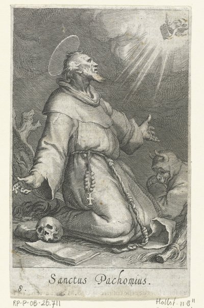 Pyhä Pachomius vanhin erakkona Erakot (sarjan nimi) Sacra eremvs ascetarvm (sarjan nimi) tekijältä Boëtius Adamsz. Bolswert