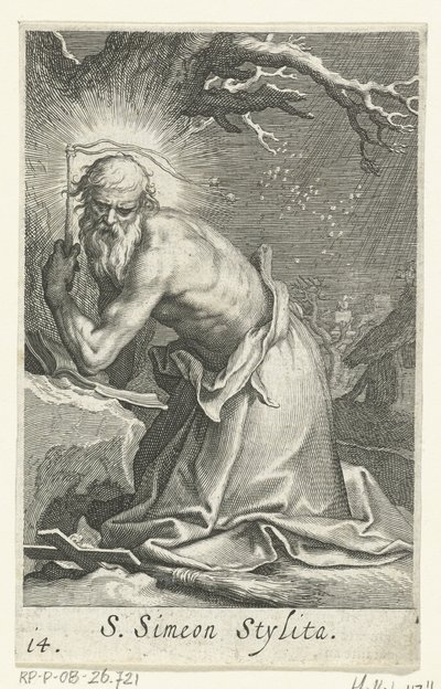Pyhä Simeon Stylites vanhin erakkona S. Simeon Stylita (otsikko esineessä) Erakot (sarjan nimi) Sacra eremvs ascetarvm (sarjan nimi) tekijältä Boëtius Adamsz. Bolswert