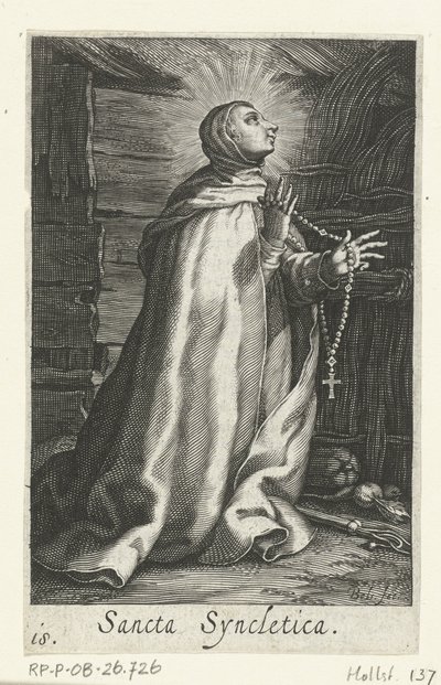 Pyhä Syncletica Aleksandrialainen Eremittaria Sancta Syncletica (otsikko esineessä) Eremittaria (sarjan nimi) Sacra Eremus Ascetriarum (sarjan nimi) tekijältä Boëtius Adamsz. Bolswert