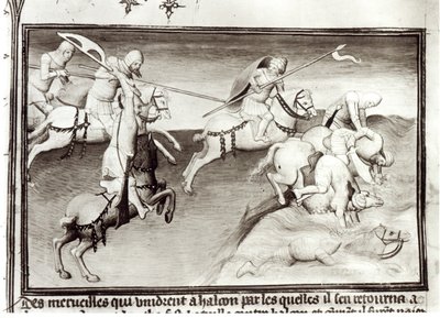 Ms Fr 2810 Mongolien johtaja Hulagu, Ilkhanaatin khaani jahtaa serkkuaan Berkeä, Kipchakin eli Kultahorden khaania vuonna 1262 ja pakottaa hänet jokeen Livre des Merveilles du Mondesta, n. 1410- tekijältä Boucicaut Master