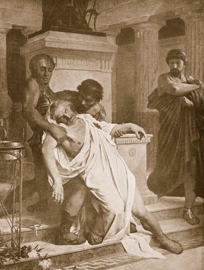 The Death of Demosthenes, kuvitus "Hutchinsons History of the Nations" -teoksesta, n. 1910 tekijältä Bramtott