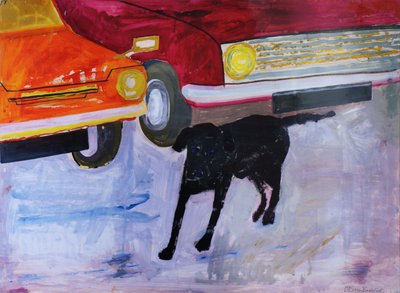 Koira käytettyjen autojen tontilla, Rex punaisen auton kanssa tekijältä Brenda Brin Booker
