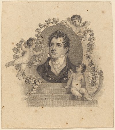 Nuoren herrasmiehen muotokuva Cupidien ympäröimänä; Lordi Byron? tekijältä British 19th Century