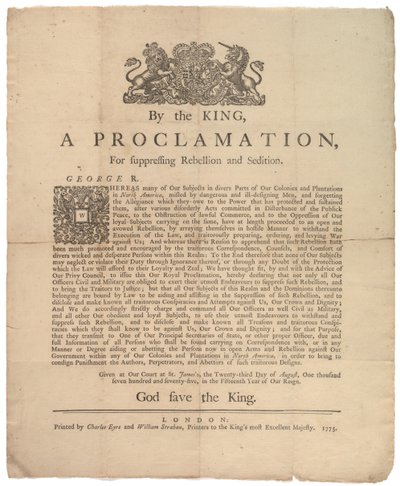 Julistus kapinan tukahduttamisesta..., 23. elokuuta 1775 tekijältä British School