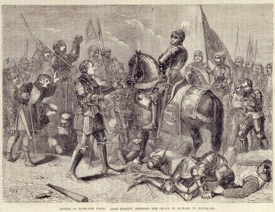Bosworthin taistelukenttä. Lordi Stanley tuo Richard III:n kruunun Richmondiin (1485): Kahden ruusun sodan loppu - "" Cassellin kuvitetussa Englannin historiassa", voi. II, kirjoittanut William Howitt tekijältä British School