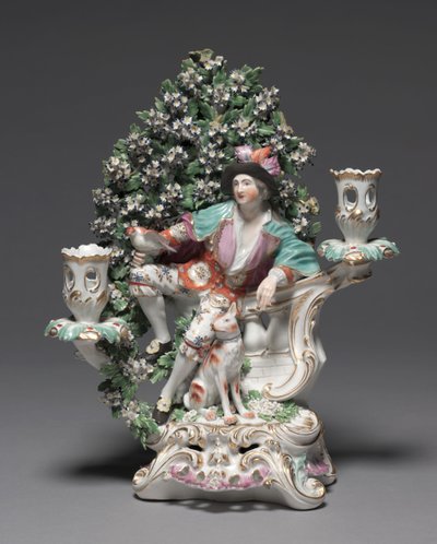 Kynttelikkö paimenen ja koiran kanssa, valmistaja Derby Porcelain Factory (Chelsea-Derby Period), n. 1775 (pehmeäpastaposliini) tekijältä British School