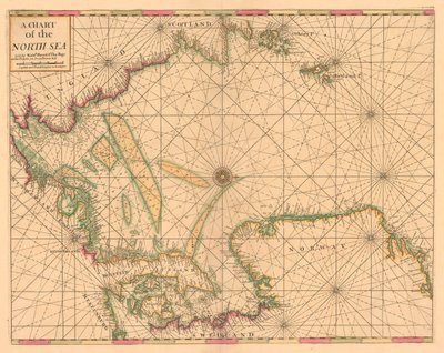 Pohjanmeren kartta: Norjasta Doverin salmiin, noin 1700 (värillinen kaiverrus). tekijältä British School
